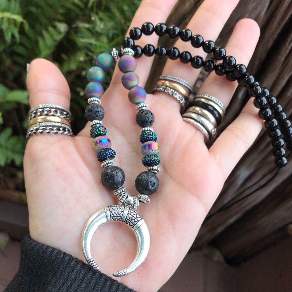 Moon bead necklace . Genuine Onyx , black lava rock druzy quartz silver choker - Picture 1 of 11